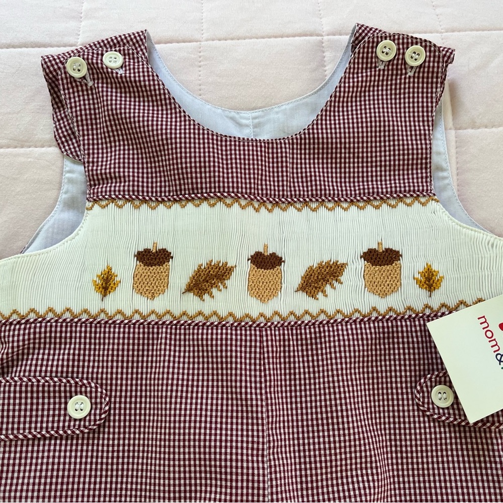 NEW Fall Leaves Red Check Smocked Acorn Longall Jon Jon Size 24 months - Picture 3 of 7